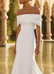 Dressystars Trumpet Mermaid Off the Shoulder Short Sleeves Chapel Train Elastic Satin Wedding Dress