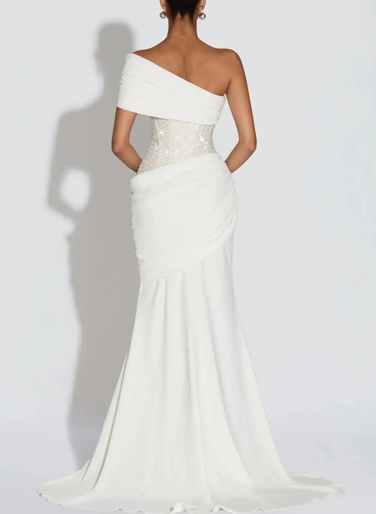 Dressystars Trumpet Mermaid One Shoulder Sleeveless Sweep Train Elastic Satin Wedding Dress with Beading