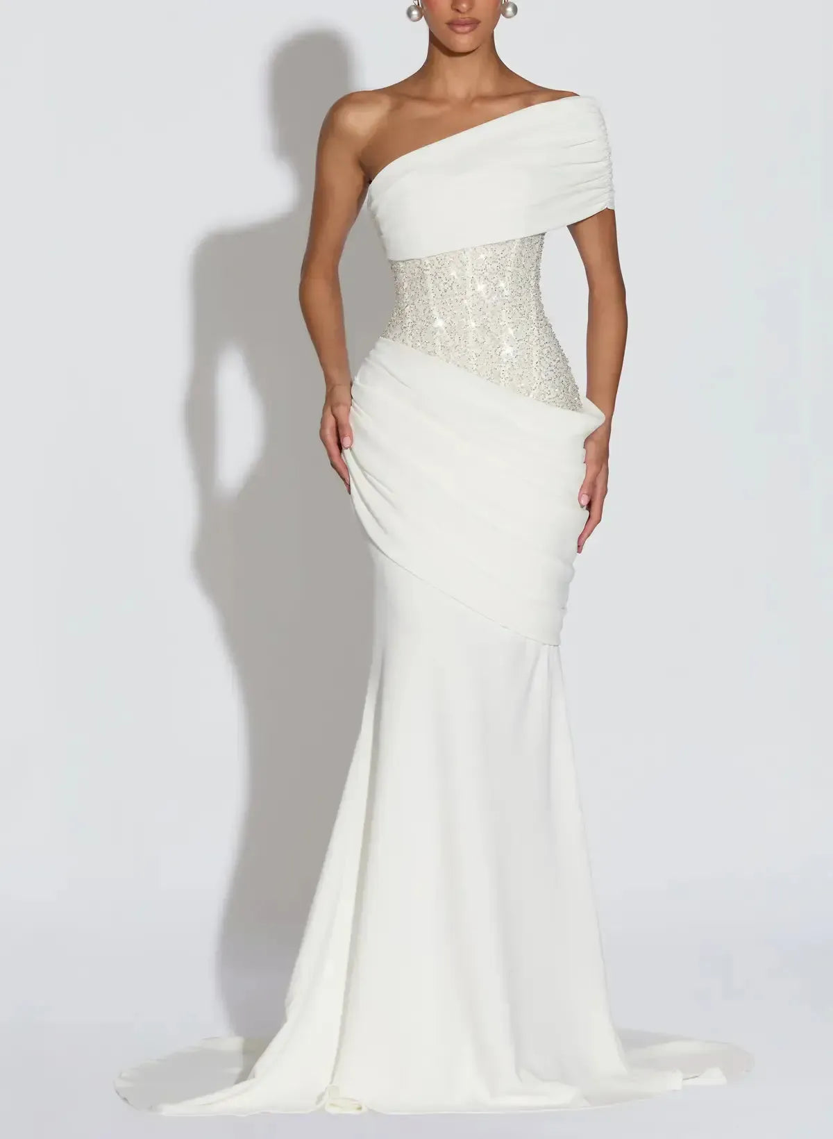 Dressystars Trumpet Mermaid One Shoulder Sleeveless Sweep Train Elastic Satin Wedding Dress with Beading