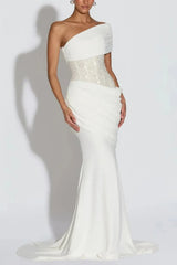 Dressystars Trumpet Mermaid One Shoulder Sleeveless Sweep Train Elastic Satin Wedding Dress with Beading