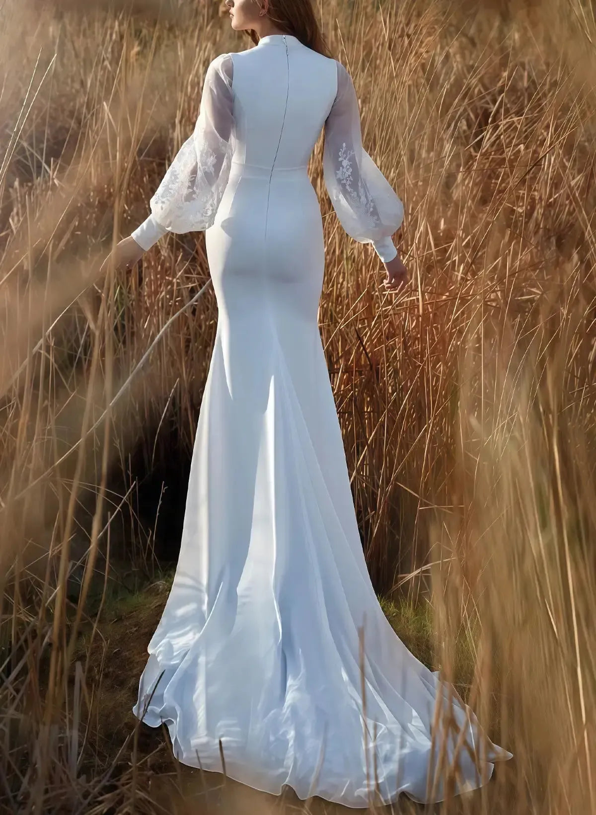 Dressystars Trumpet Mermaid Plunge Neck Detachable Sleeves Sweep Train Satin Wedding Dress