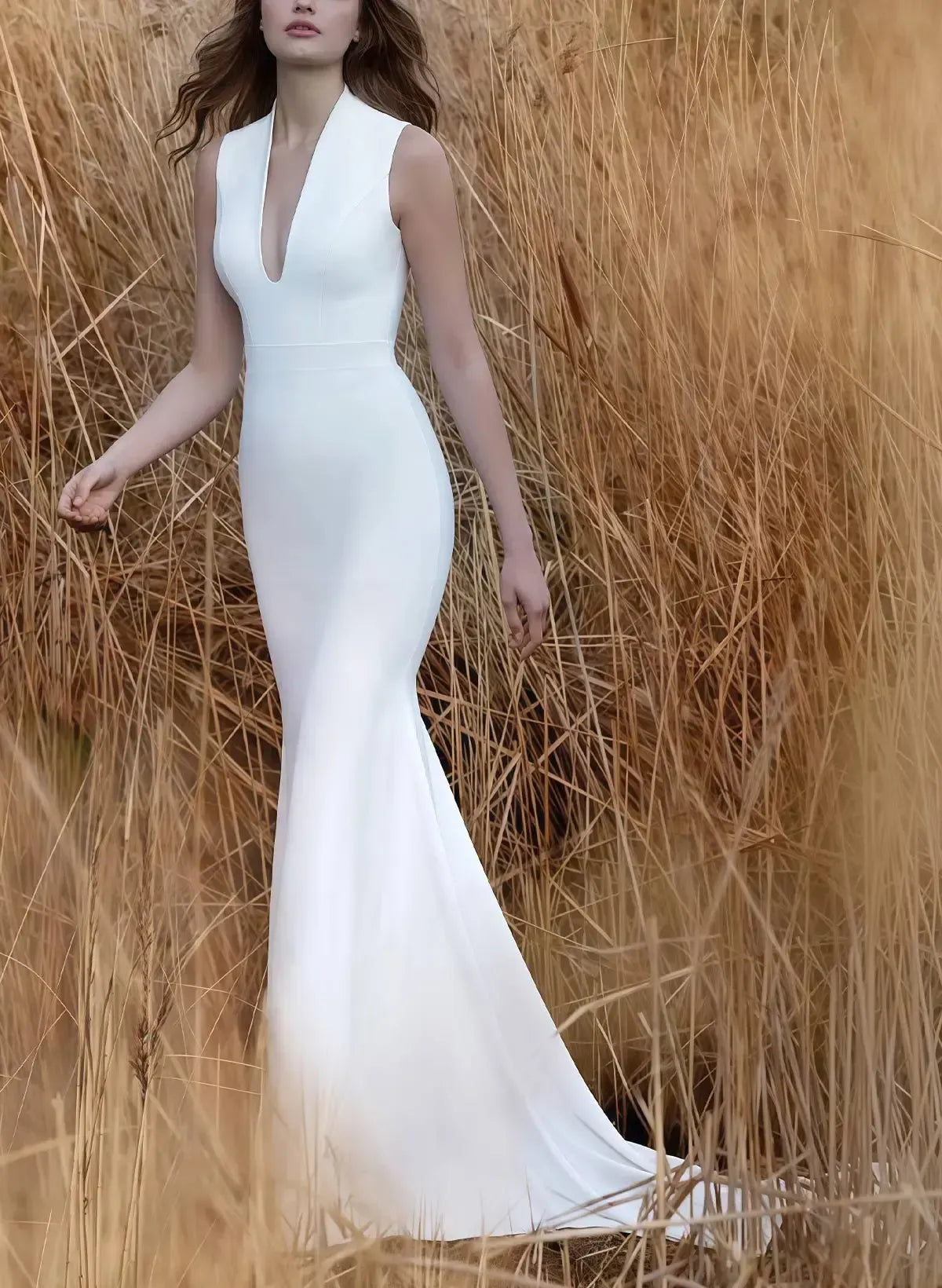 Dressystars Trumpet Mermaid Plunge Neck Detachable Sleeves Sweep Train Satin Wedding Dress