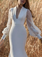 Dressystars Trumpet Mermaid Plunge Neck Detachable Sleeves Sweep Train Satin Wedding Dress