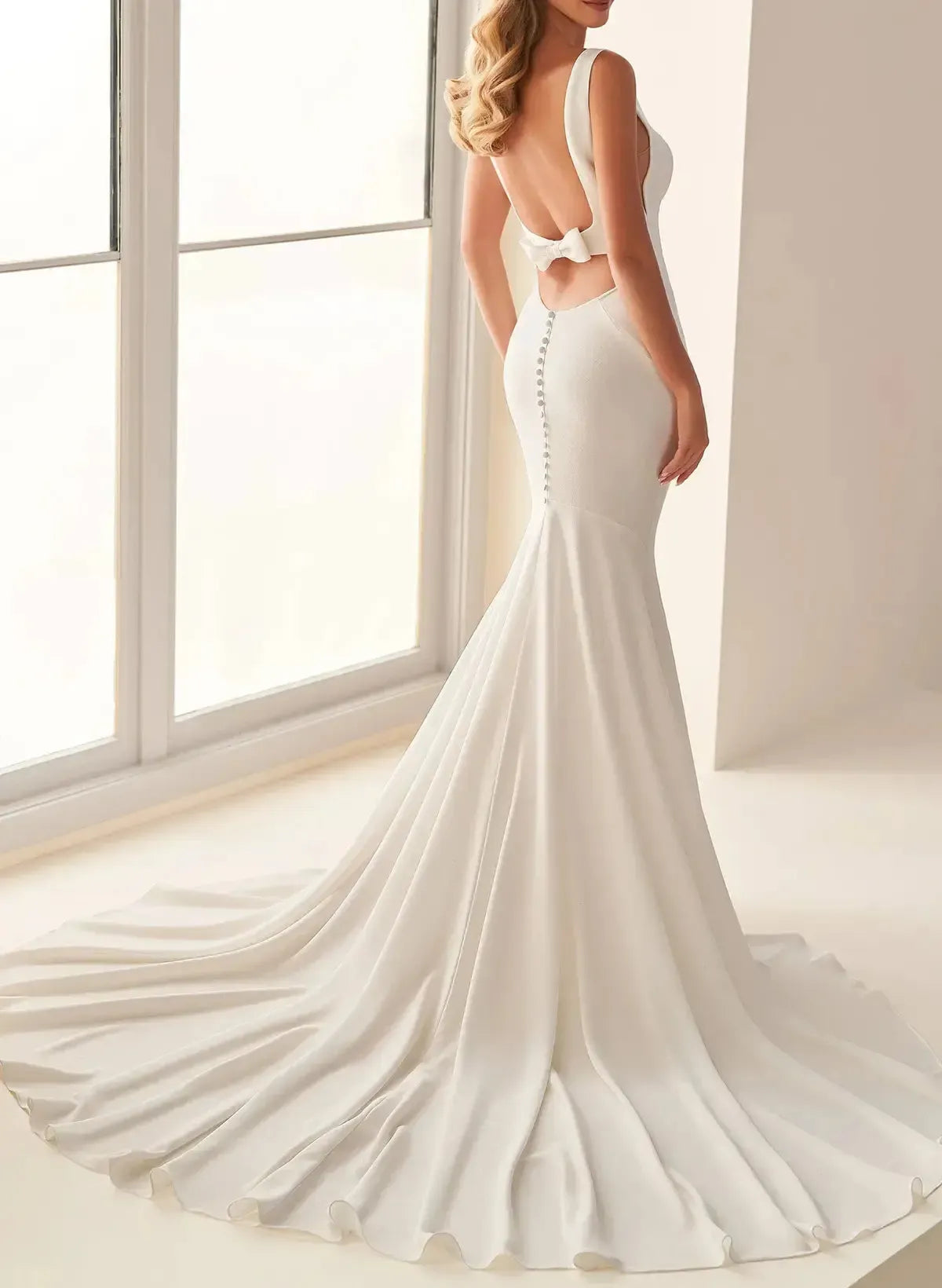 Dressystars Trumpet Mermaid Square Neckline Sleeveless Court Train Crepe Satin Wedding Dress with Bow