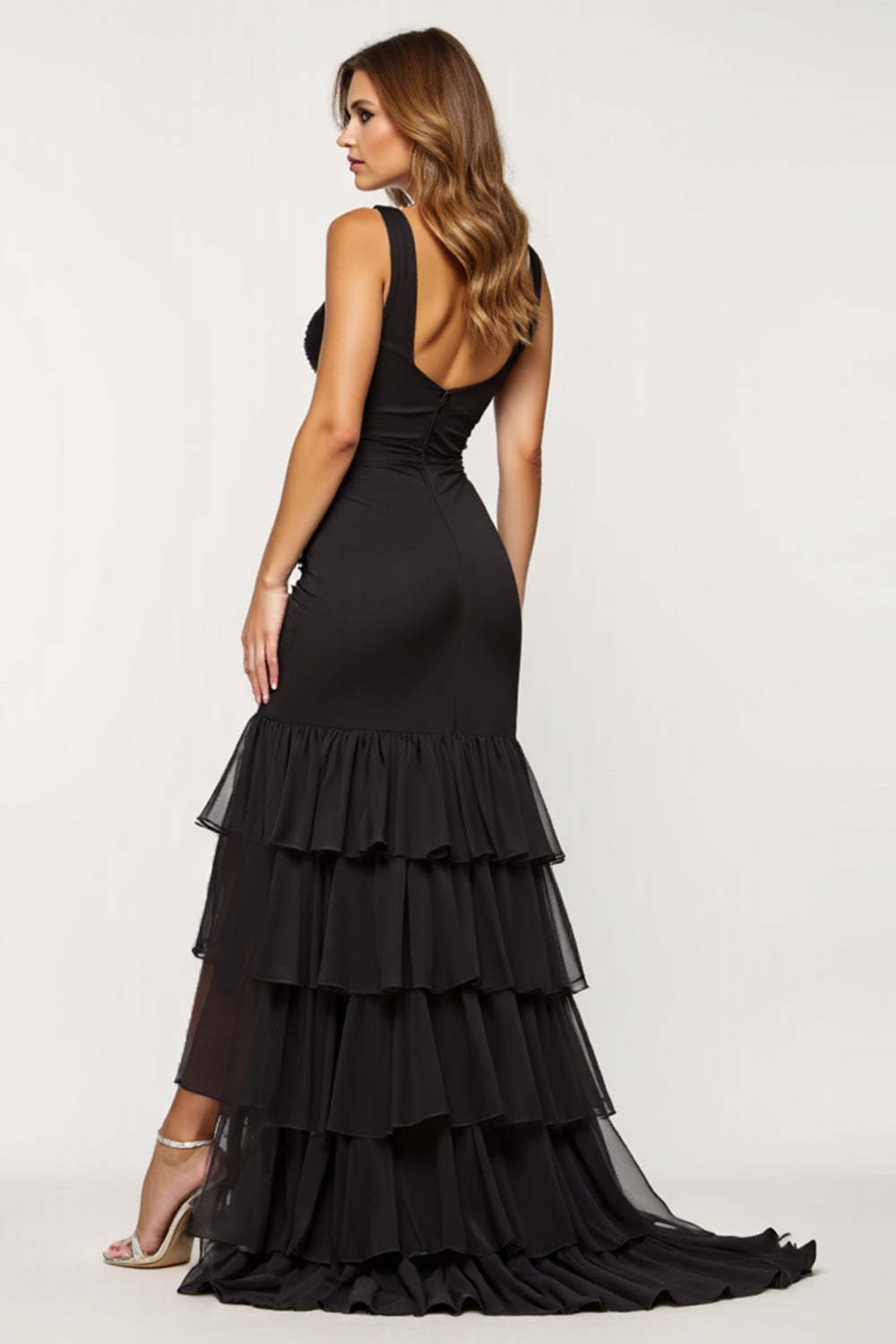 Dressystars Tulle Tiered Black Wedding Guest Dress Sheath V-Neck Long Prom Dress