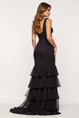 Dressystars Tulle Tiered Black Wedding Guest Dress Sheath V-Neck Long Prom Dress