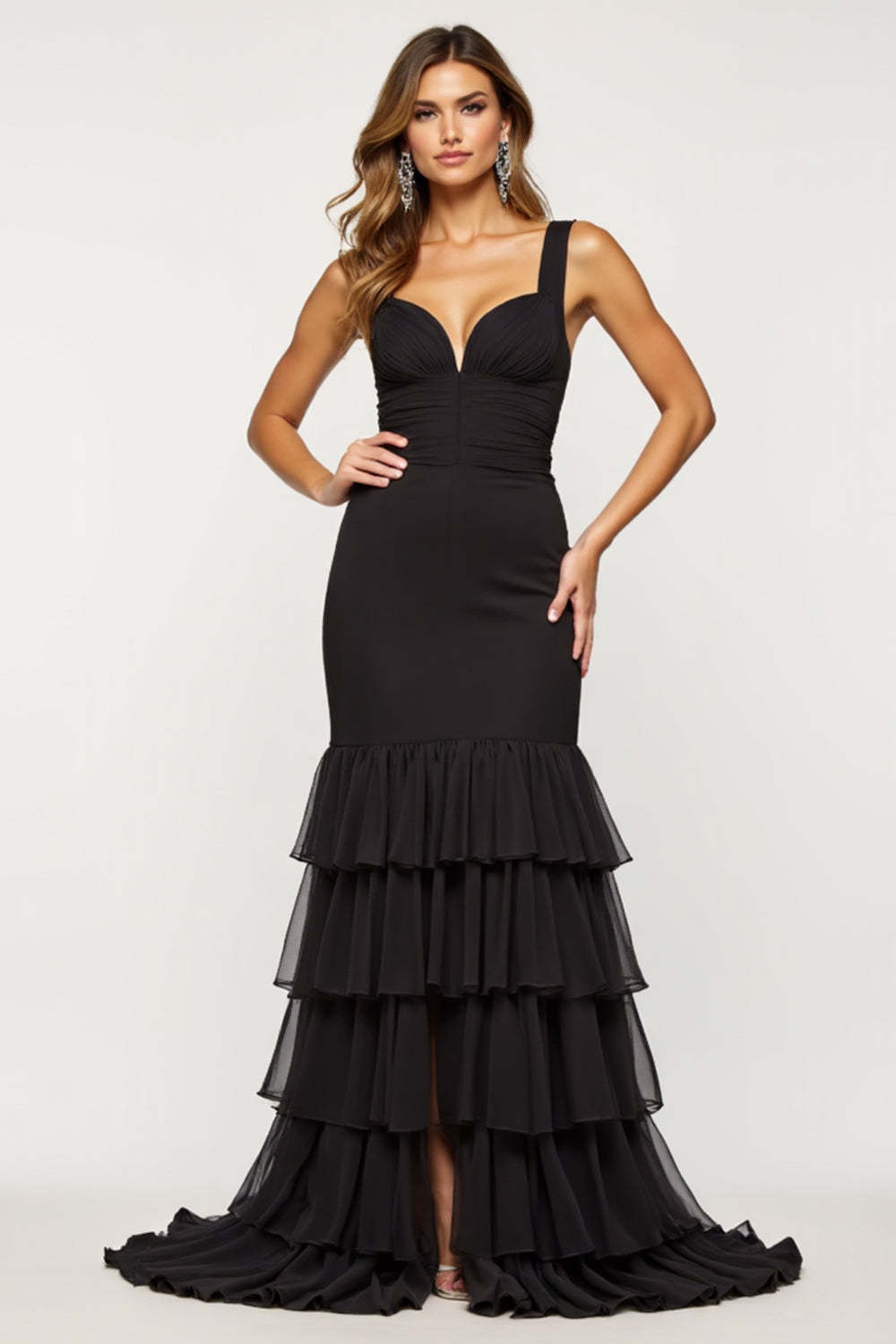 Dressystars Tulle Tiered Black Wedding Guest Dress Sheath V-Neck Long Prom Dress
