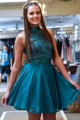 Dressystars Turquoise Homecoming Dress Halter Open Back Short Prom Dress with Sequin