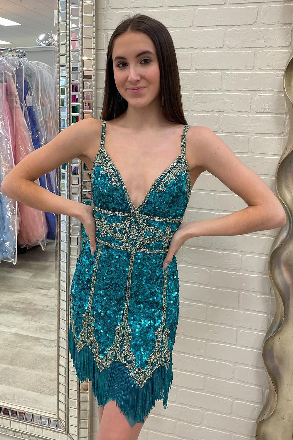 Dressystars Turquoise Homecoming Dress Sequined Prom Dress With Fringes