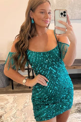 Dressystars Turquoise Homecoming Dress Tight Sequin Short Prom Dress with Fringes