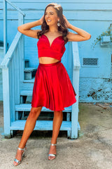 Dressystars Two Piece Red Homecoming Dress Short Prom Dress with Bowknot