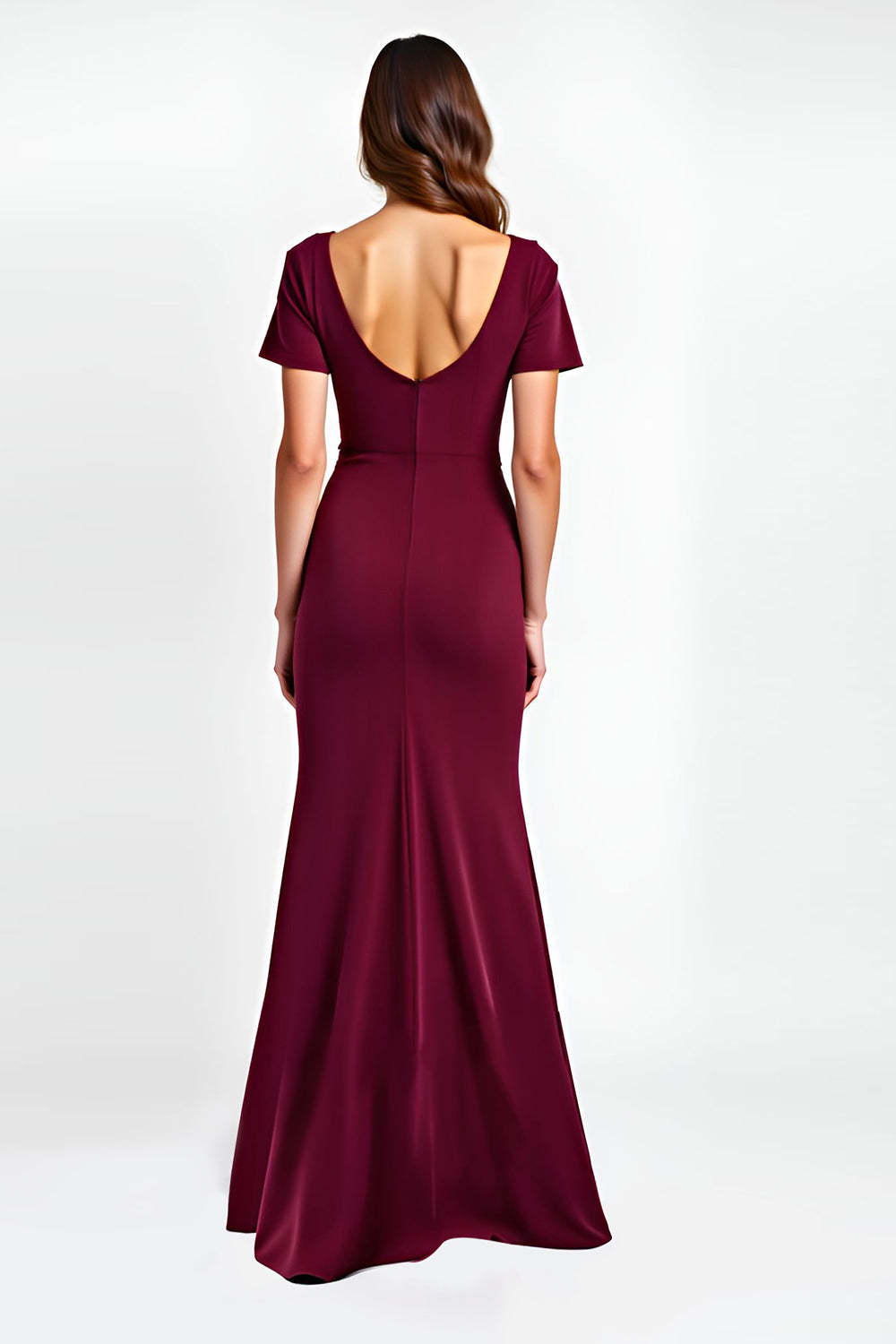 Dressystars V-Neck Burgundy Wedding Guest Dress Short Sleeves Long Formal Dress