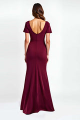 Dressystars V-Neck Burgundy Wedding Guest Dress Short Sleeves Long Formal Dress