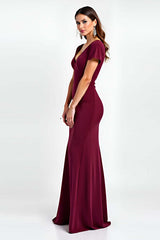 Dressystars V-Neck Burgundy Wedding Guest Dress Short Sleeves Long Formal Dress
