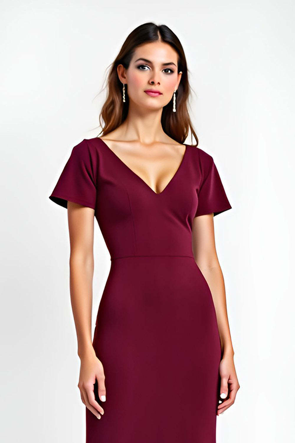 Dressystars V-Neck Burgundy Wedding Guest Dress Short Sleeves Long Formal Dress