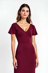 Dressystars V-Neck Burgundy Wedding Guest Dress Short Sleeves Long Formal Dress