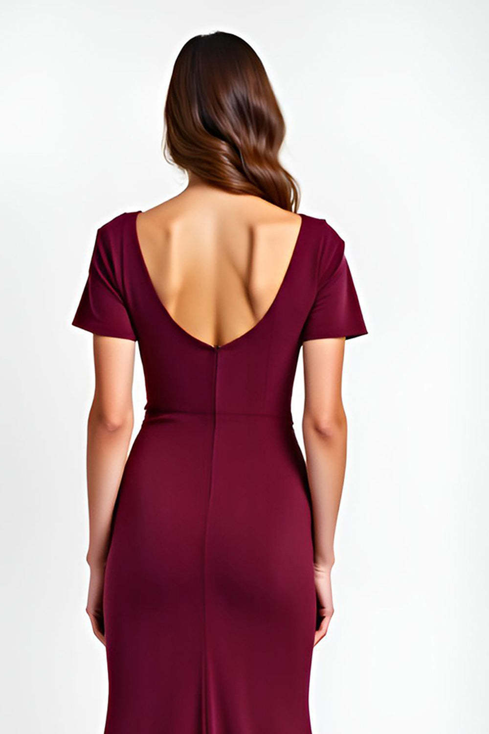 Dressystars V-Neck Burgundy Wedding Guest Dress Short Sleeves Long Formal Dress
