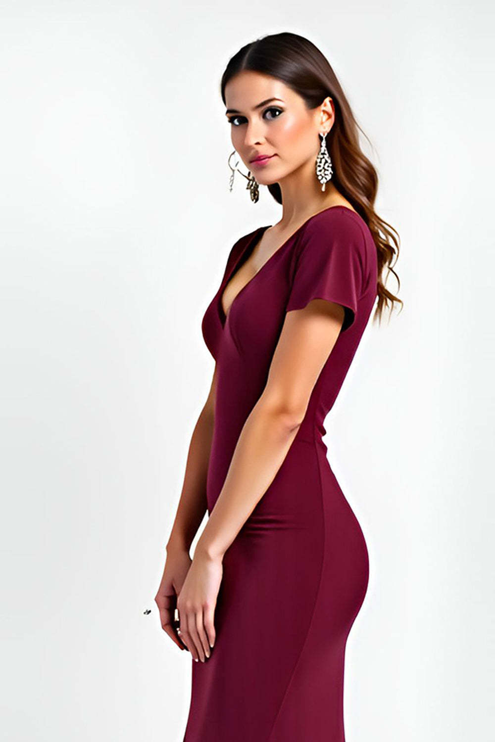 Dressystars V-Neck Burgundy Wedding Guest Dress Short Sleeves Long Formal Dress