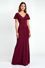 Dressystars V-Neck Burgundy Wedding Guest Dress Short Sleeves Long Formal Dress