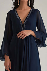 Dressystars V-Neck Chiffon Navy Wedding Guest Dress Deep Long Formal Dress With Sleeves