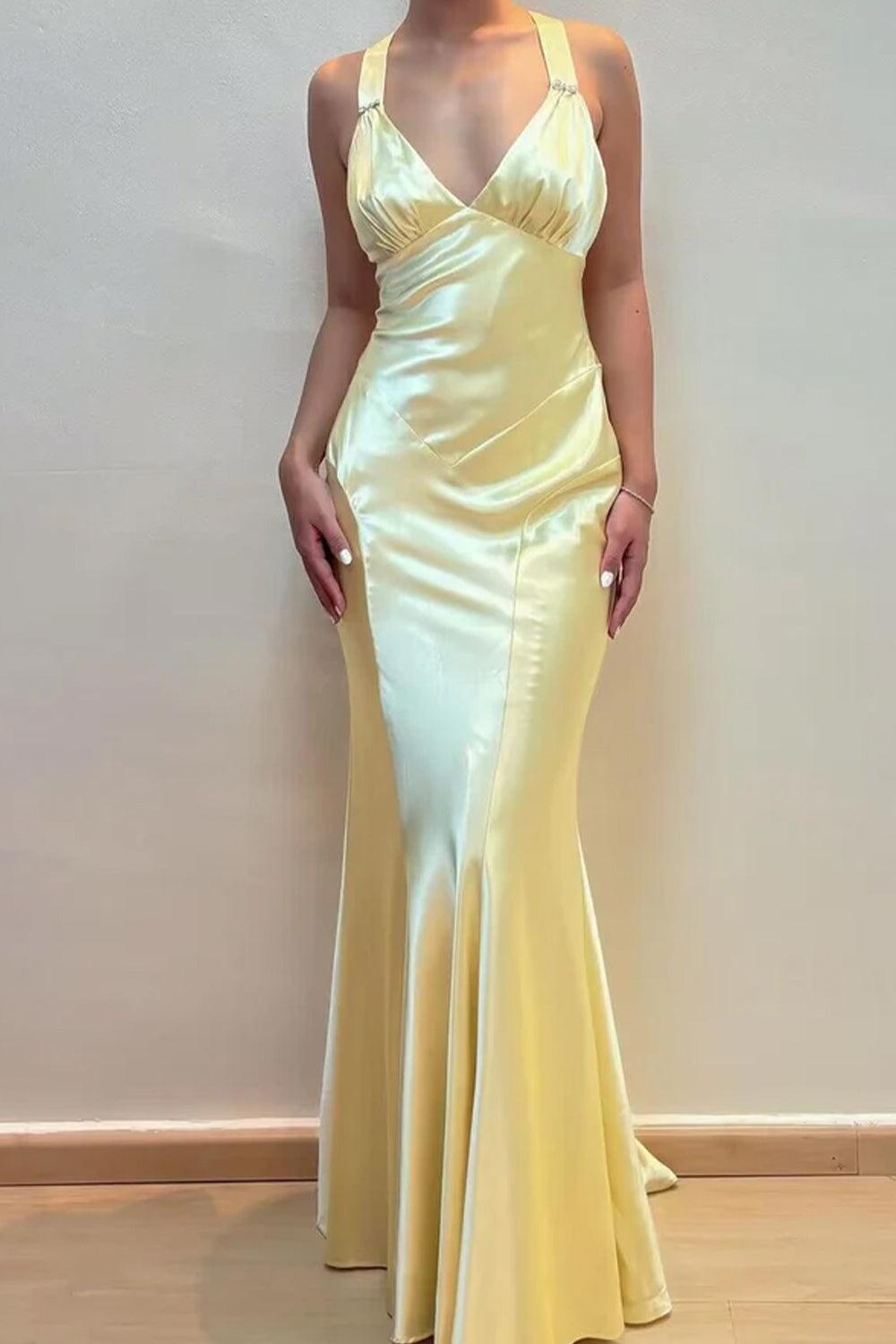 Dressystars V-Neck Cross Back Yellow Satin Prom Gown With Ruched Detailing Formal Evening Gown