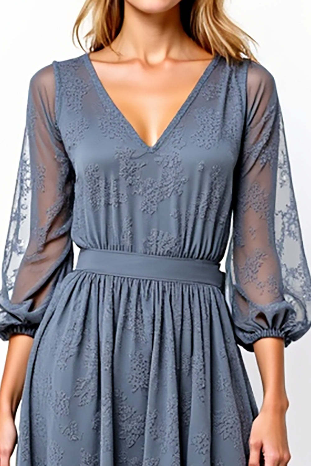 Dressystars V-Neck Knee-Length A Line Grey Formal Dress With Lace