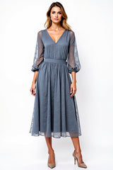 Dressystars V-Neck Knee-Length A Line Grey Formal Dress With Lace