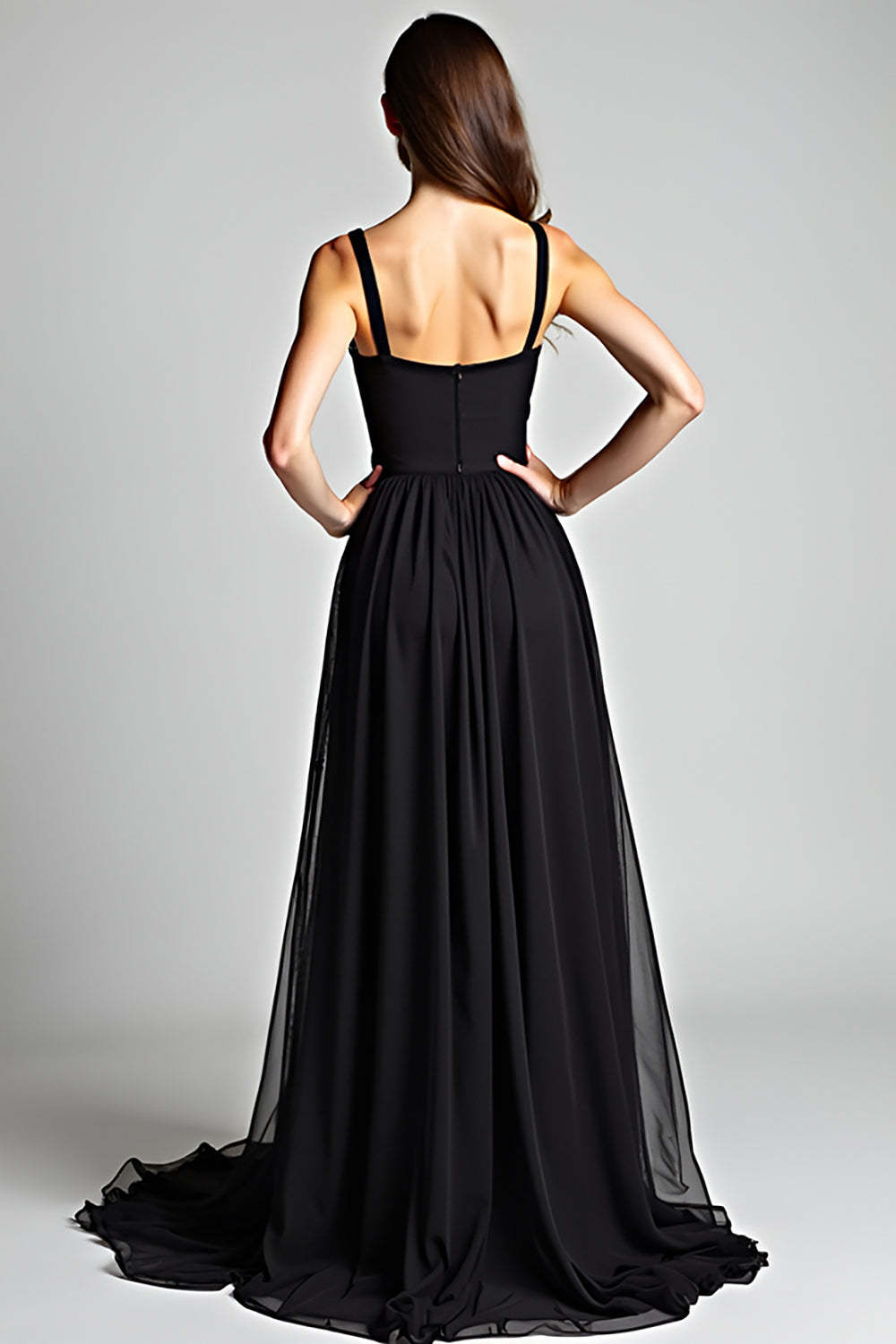 Dressystars V-Neck Long Black Wedding Guest Dress A Line Formal Dress With Slit