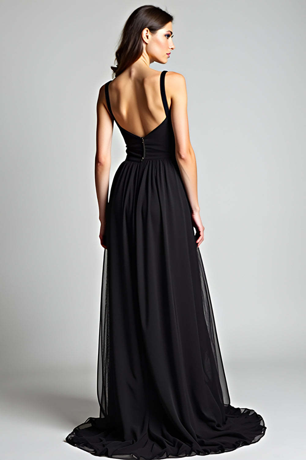 Dressystars V-Neck Long Black Wedding Guest Dress A Line Formal Dress With Slit