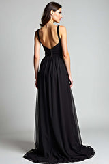 Dressystars V-Neck Long Black Wedding Guest Dress A Line Formal Dress With Slit