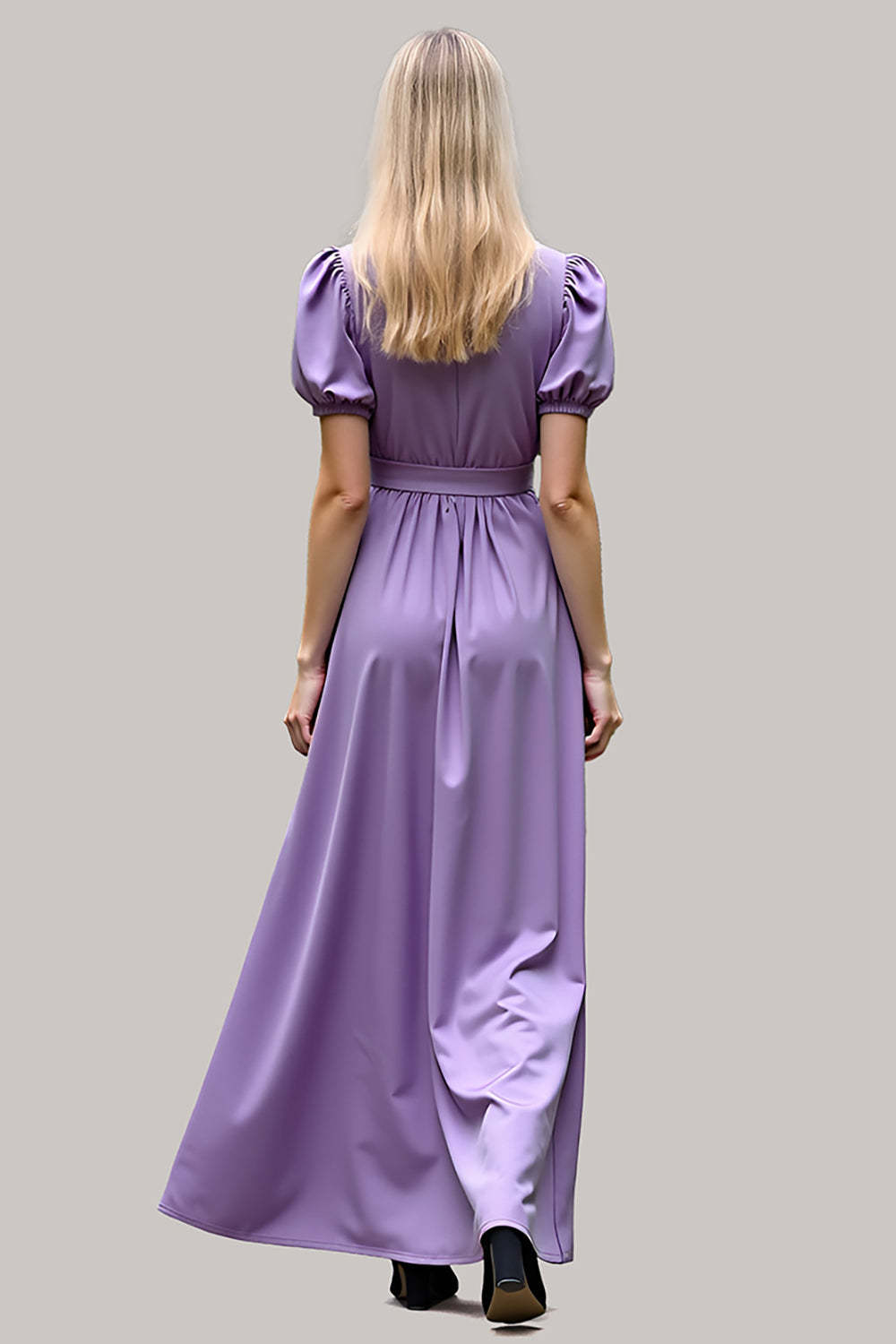 Dressystars V-Neck Long Purple Wedding Guest Dress Satin Formal Dress With Short Sleeves