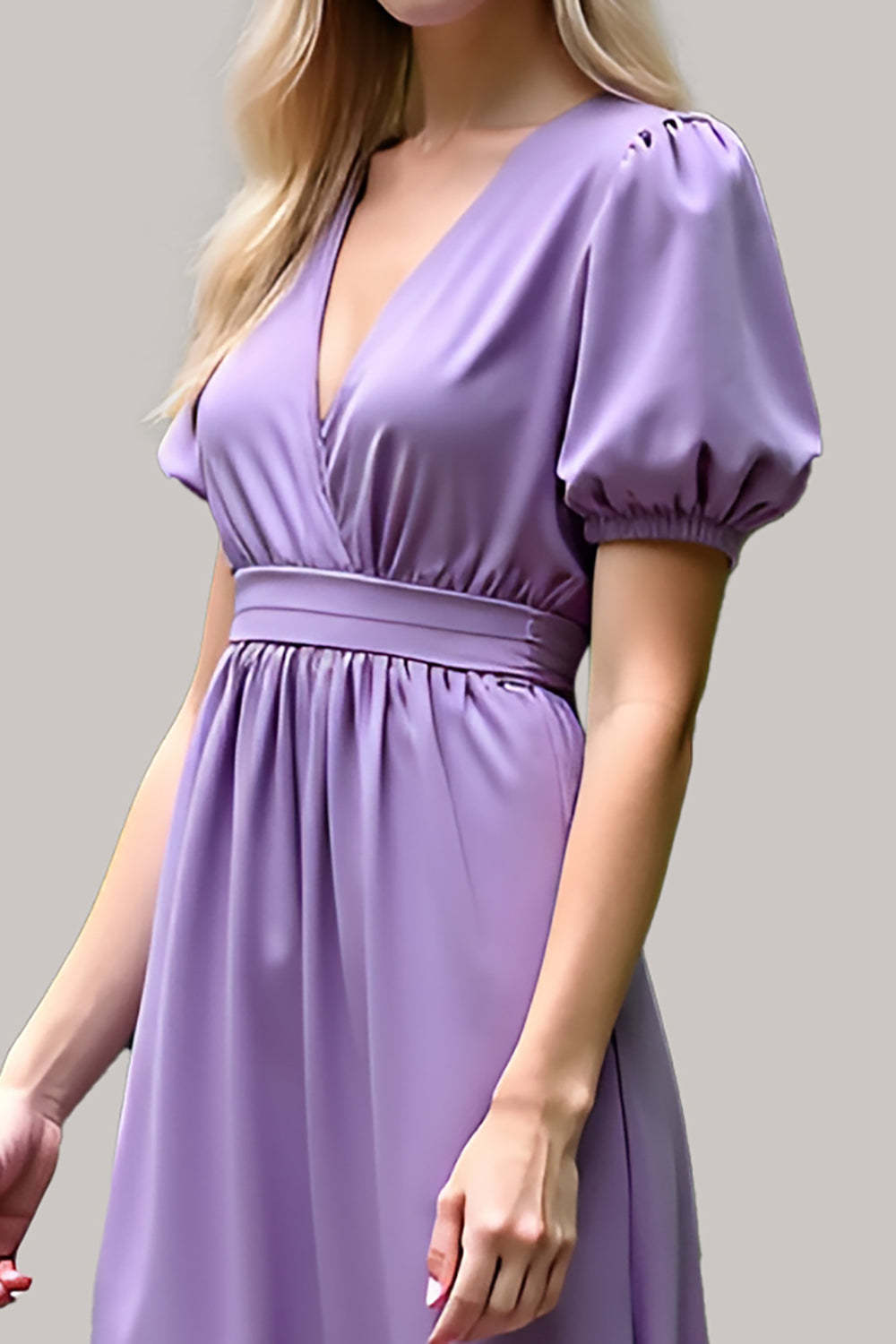 Dressystars V-Neck Long Purple Wedding Guest Dress Satin Formal Dress With Short Sleeves