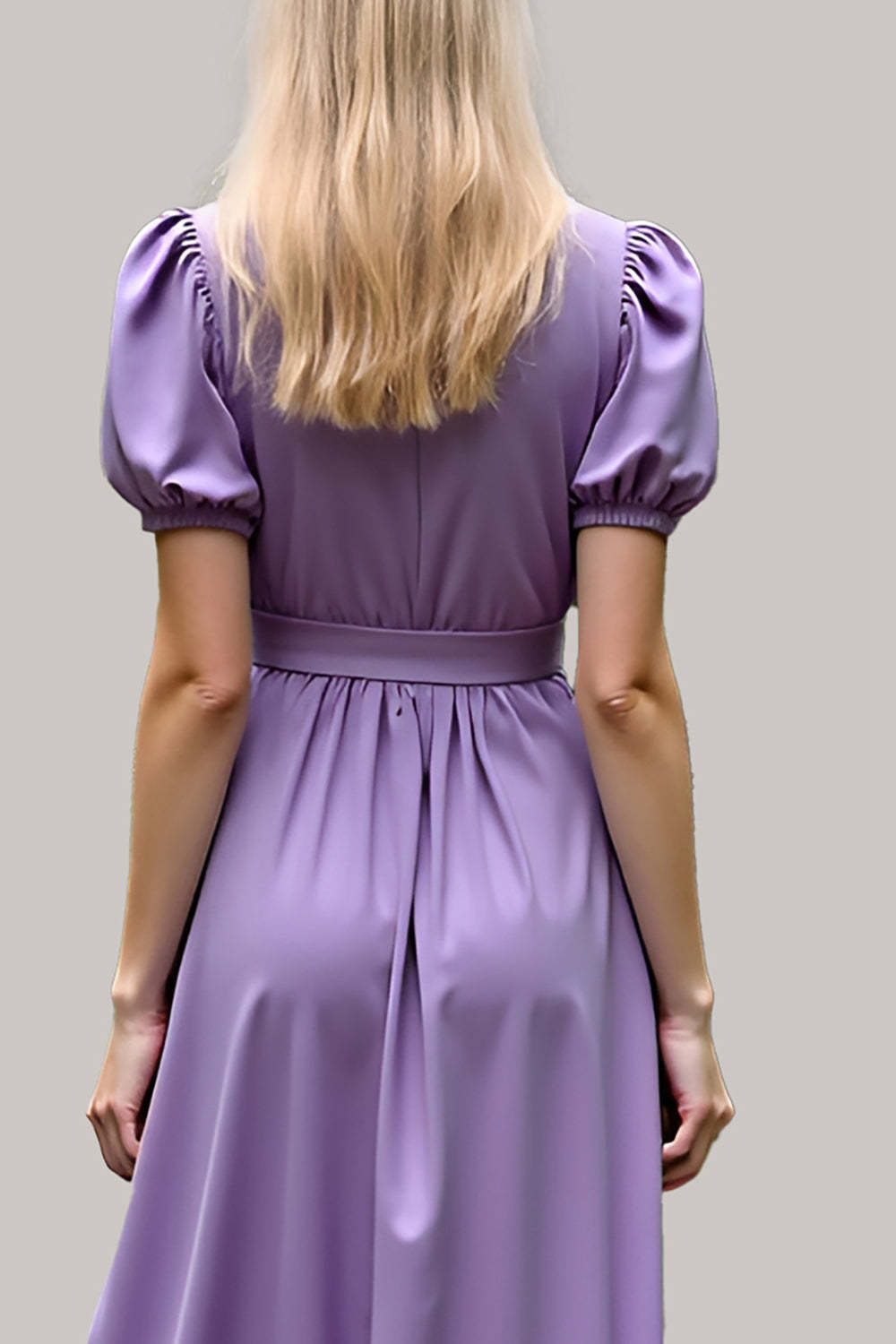 Dressystars V-Neck Long Purple Wedding Guest Dress Satin Formal Dress With Short Sleeves