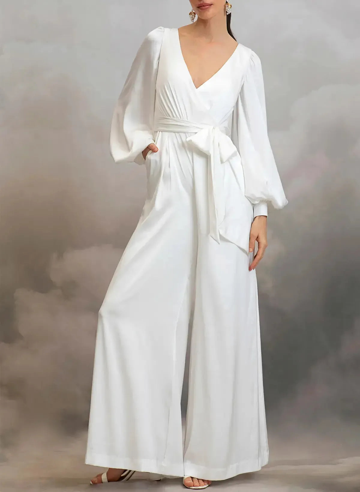 Dressystars V Neck Long Sleeves Ankle Length Stretch Satin Wedding Jumpsuit