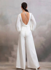 Dressystars V Neck Long Sleeves Ankle Length Stretch Satin Wedding Jumpsuit
