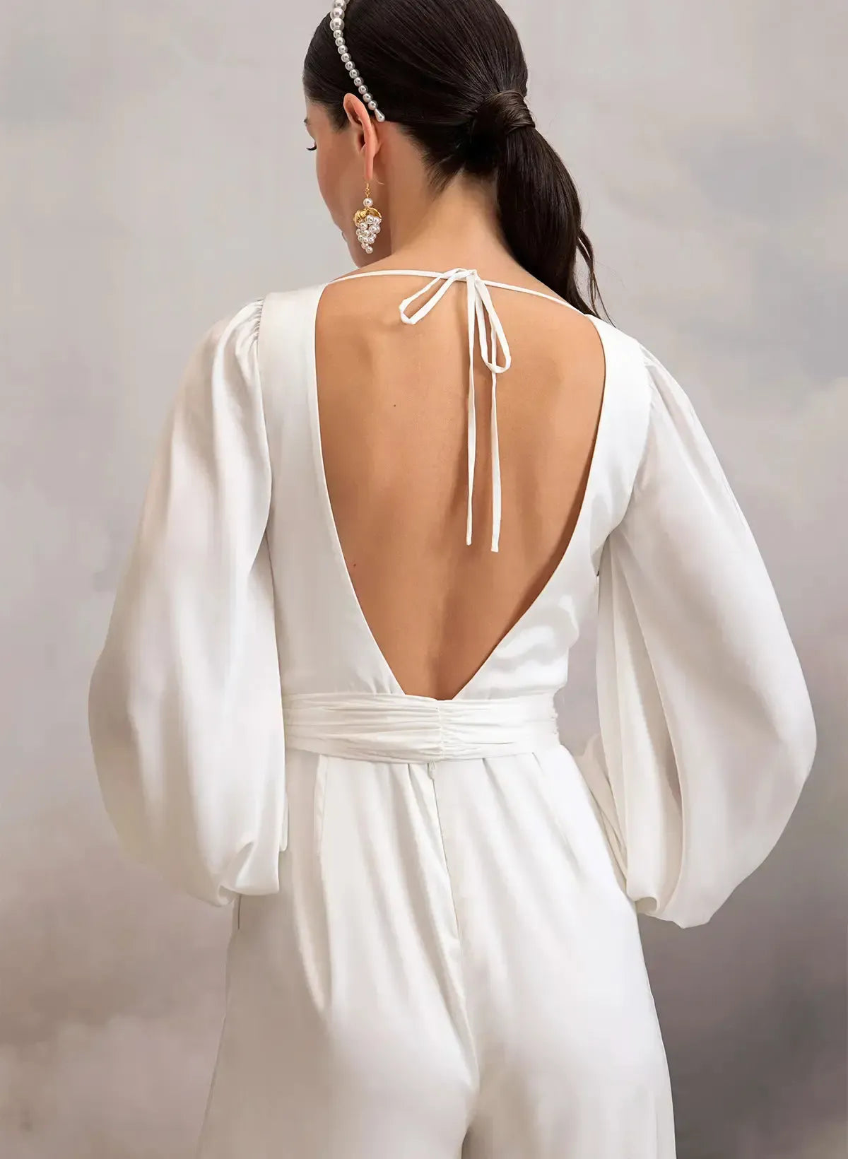 Dressystars V Neck Long Sleeves Ankle Length Stretch Satin Wedding Jumpsuit