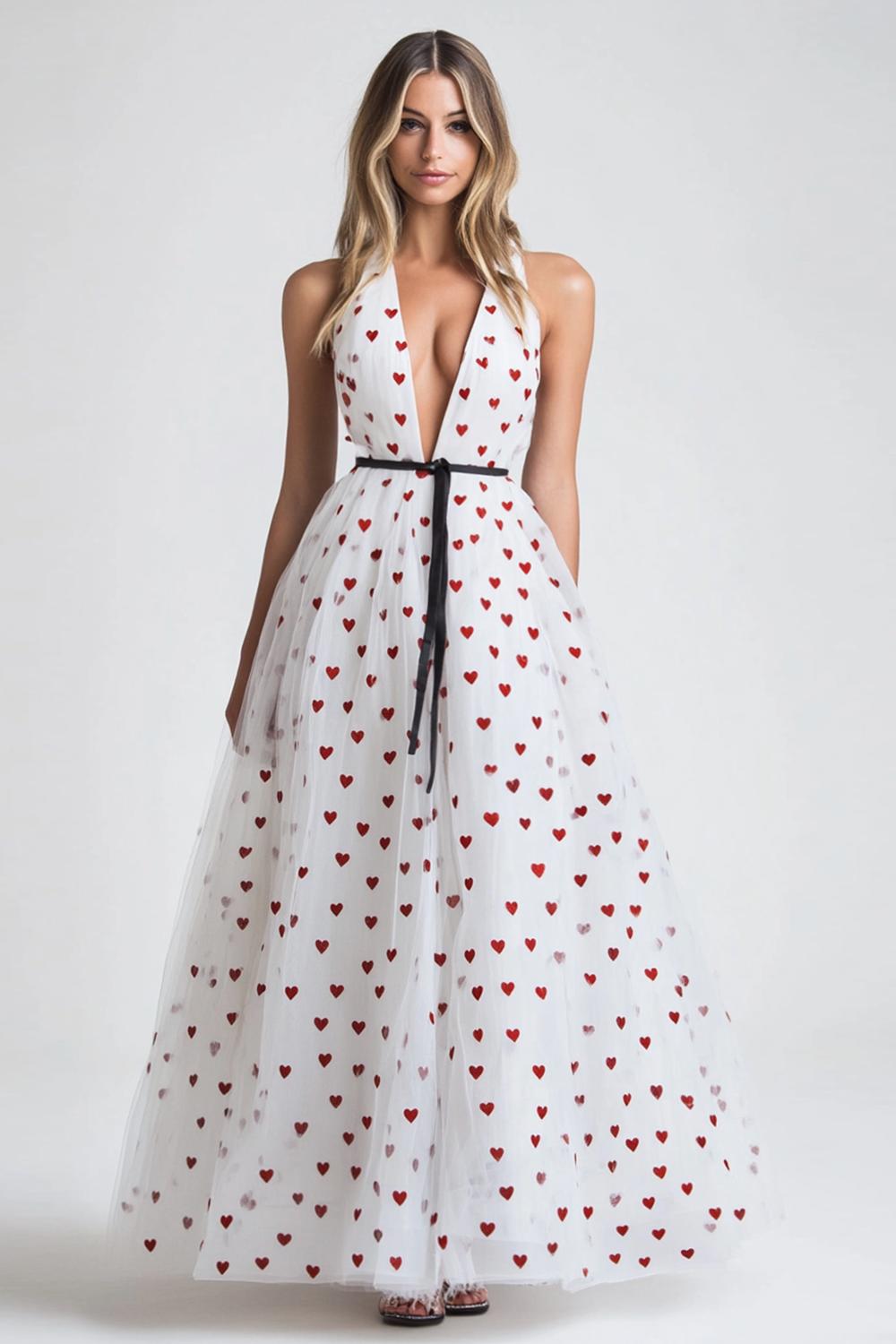 Dressystars V-Neck Long White Tulle A Line Formal Dress With Polka Dots