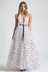 Dressystars V-Neck Long White Tulle A Line Formal Dress With Polka Dots