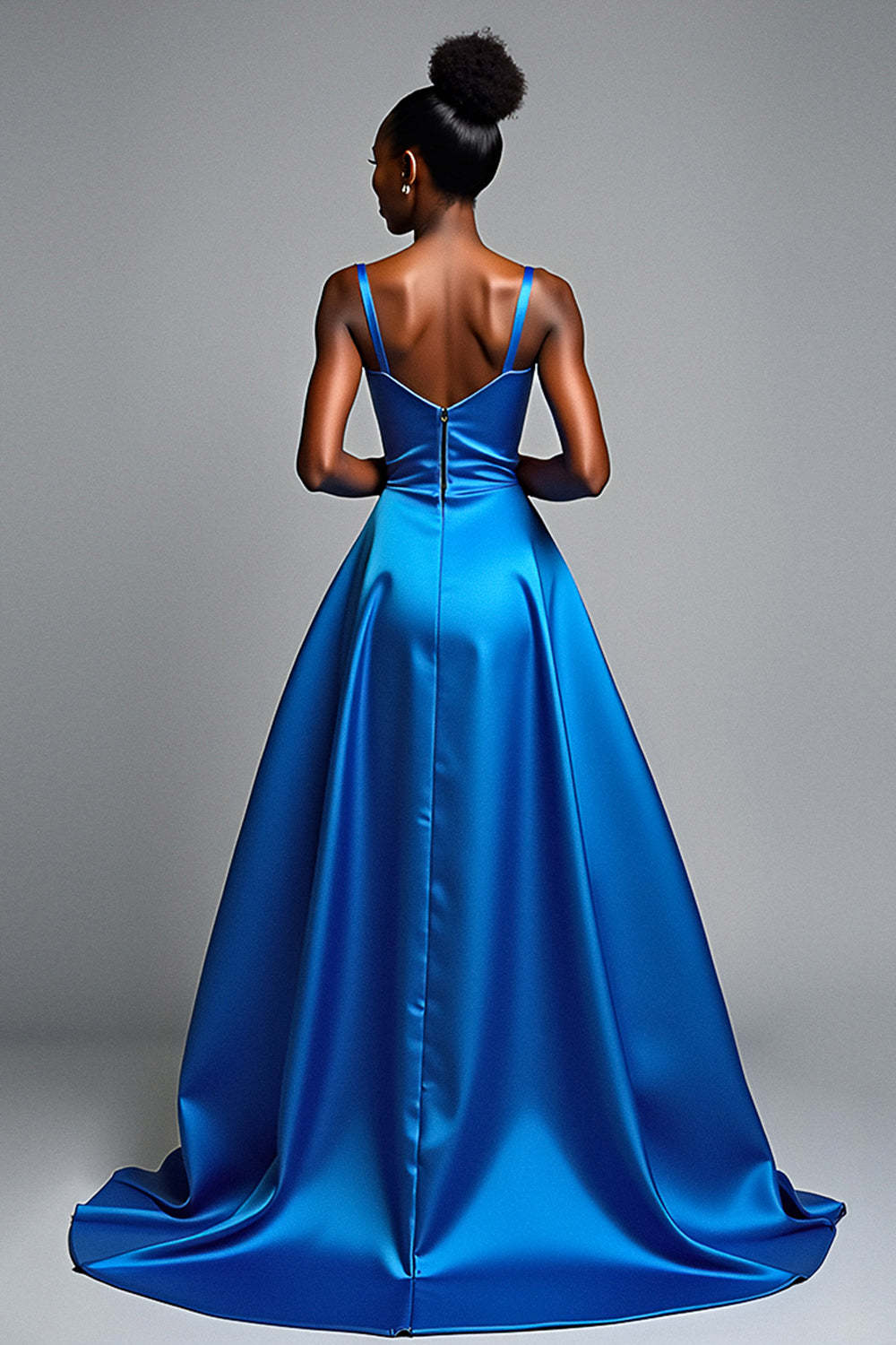 Dressystars V-Neck Royal Blue Wedding Guest Dress Long Satin Formal Dress With Slit