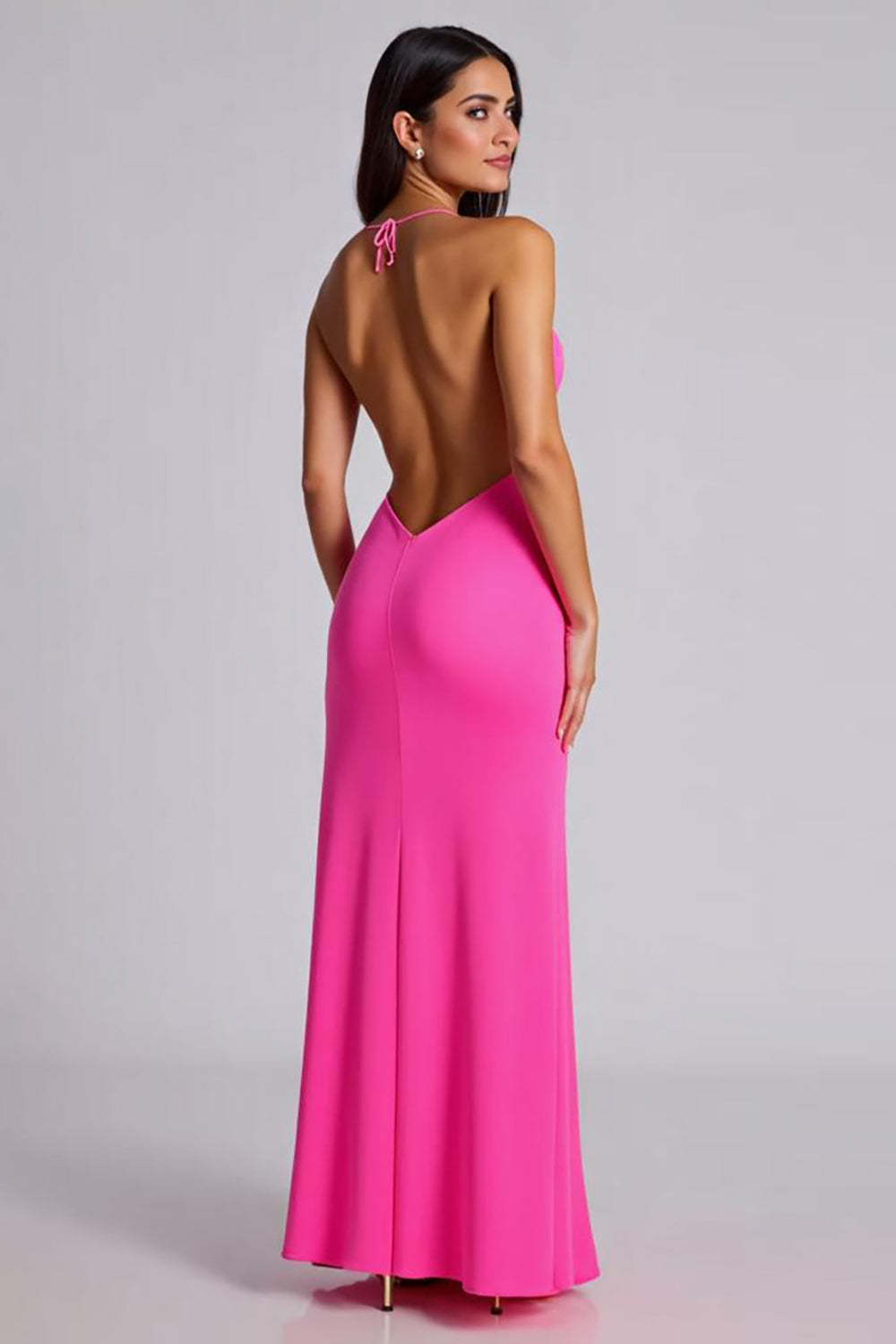 Dressystars V-Neck Satin Fuchsia Wedding Guest Dress Mermaid Long Formal Dress With Slit