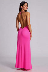 Dressystars V-Neck Satin Fuchsia Wedding Guest Dress Mermaid Long Formal Dress With Slit