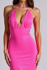 Dressystars V-Neck Satin Fuchsia Wedding Guest Dress Mermaid Long Formal Dress With Slit
