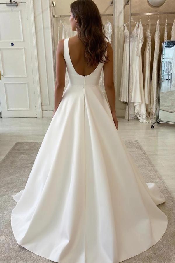 Dressystars V Neck Wedding Dress A Line Satin Bridal Dress