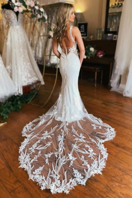 Dressystars V Neck Wedding Dress Mermaid Sleeveless Bridal Gown With Lace