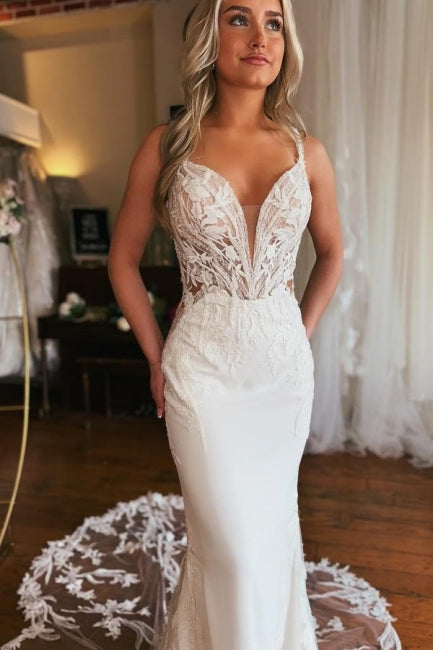 Dressystars V Neck Wedding Dress Mermaid Sleeveless Bridal Gown With Lace