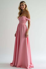 Dressystars Watermelon A Line Satin Off The Shoulder Long Bridesmaid Dress