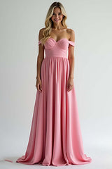 Dressystars Watermelon A Line Satin Off The Shoulder Long Bridesmaid Dress