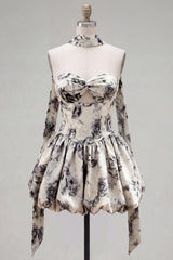 Dressystars White & Black Floral Strapless Keyhole A-Line Short Homecoming Dress