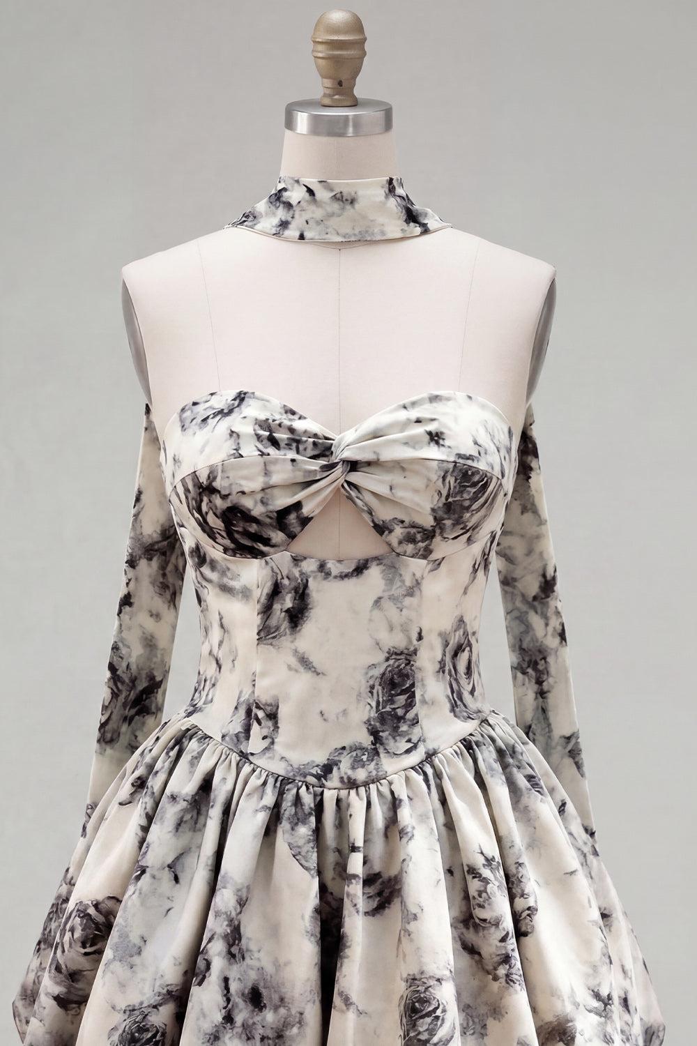 Dressystars White & Black Floral Strapless Keyhole A-Line Short Homecoming Dress