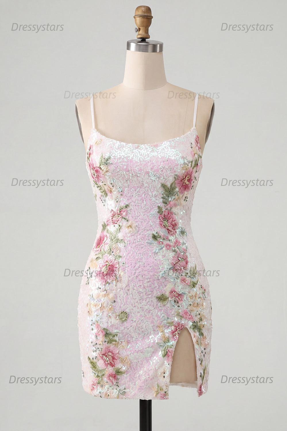 Dressystars White Floral Spaghetti Straps Tight Short Homecoming Dress with Slit